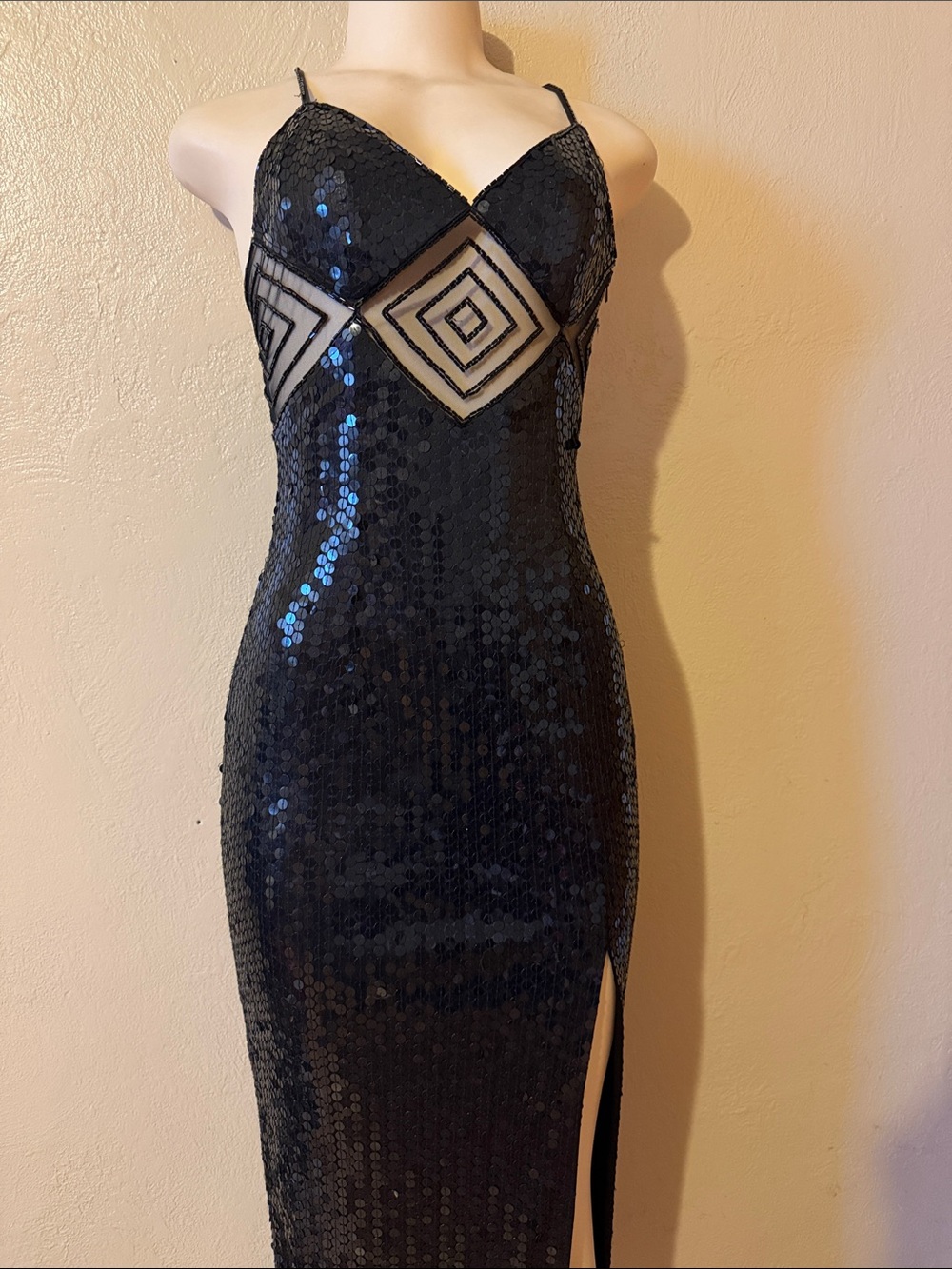 Niteline Black Sequin Strapless Evening Gown with Geometric Mesh Insets
